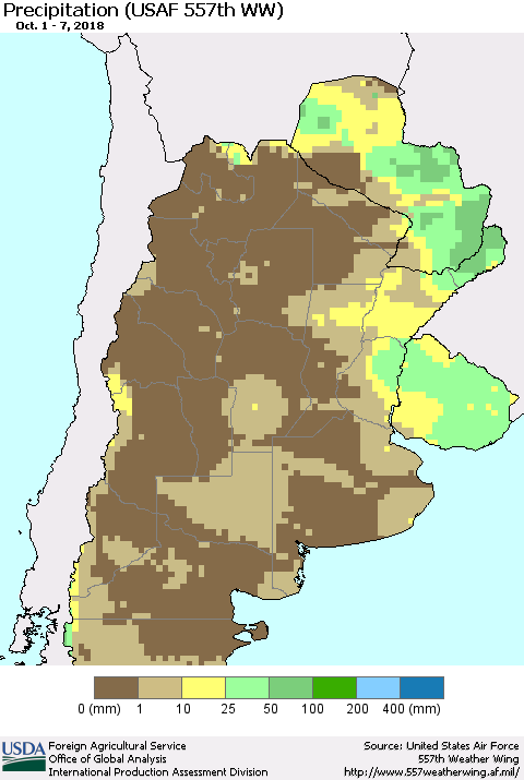 Southern South America Precipitation (USAF 557th WW) Thematic Map For 10/1/2018 - 10/7/2018