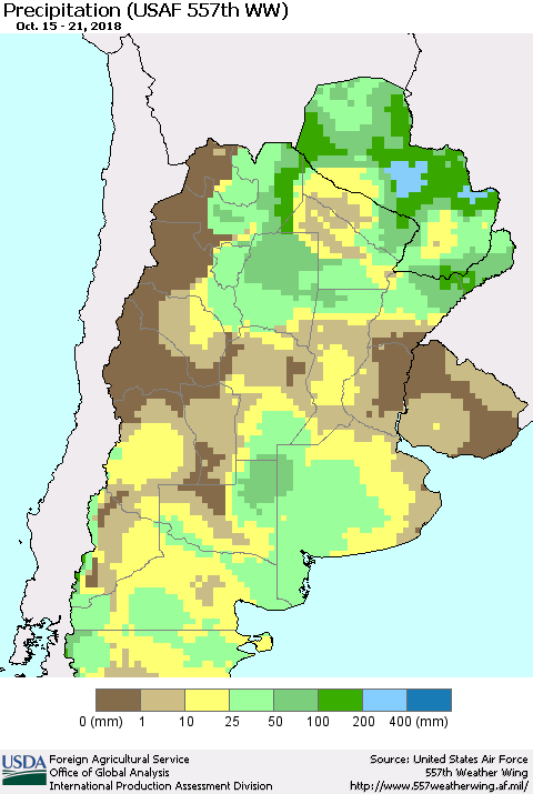 Southern South America Precipitation (USAF 557th WW) Thematic Map For 10/15/2018 - 10/21/2018