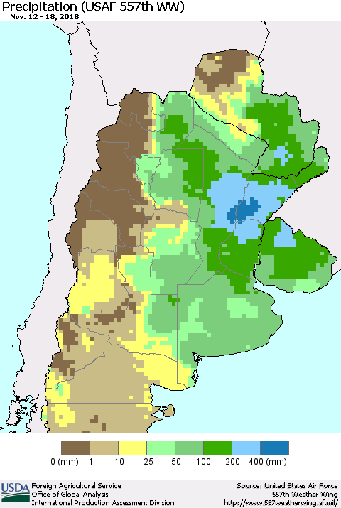 Southern South America Precipitation (USAF 557th WW) Thematic Map For 11/12/2018 - 11/18/2018