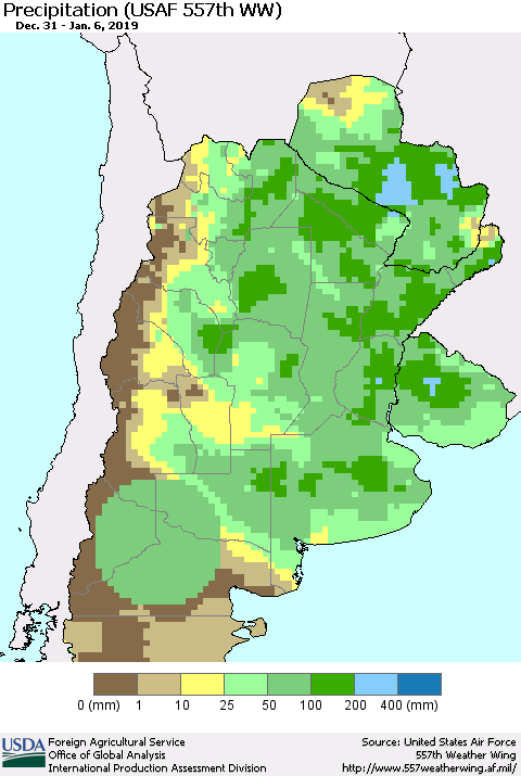 Southern South America Precipitation (USAF 557th WW) Thematic Map For 12/31/2018 - 1/6/2019