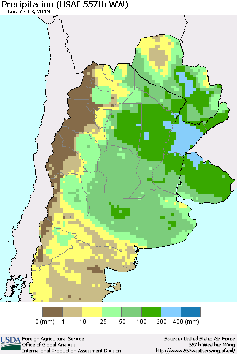Southern South America Precipitation (USAF 557th WW) Thematic Map For 1/7/2019 - 1/13/2019