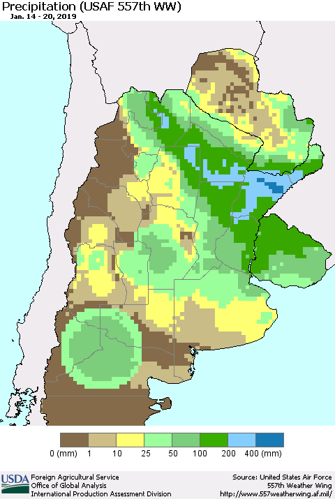 Southern South America Precipitation (USAF 557th WW) Thematic Map For 1/14/2019 - 1/20/2019