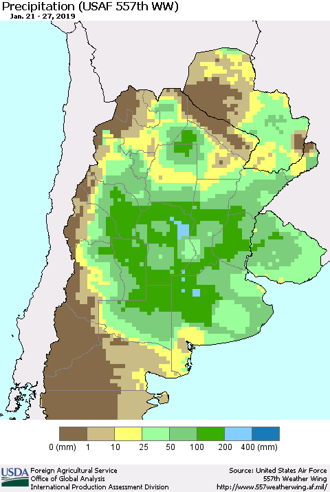 Southern South America Precipitation (USAF 557th WW) Thematic Map For 1/21/2019 - 1/27/2019