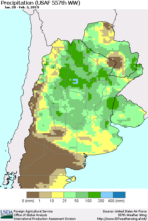 Southern South America Precipitation (USAF 557th WW) Thematic Map For 1/28/2019 - 2/3/2019