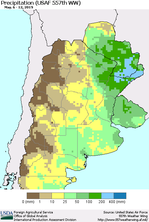 Southern South America Precipitation (USAF 557th WW) Thematic Map For 5/6/2019 - 5/12/2019