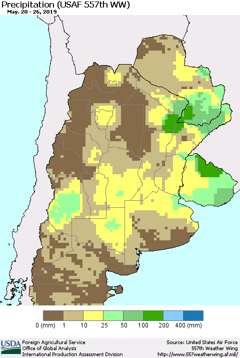 Southern South America Precipitation (USAF 557th WW) Thematic Map For 5/20/2019 - 5/26/2019