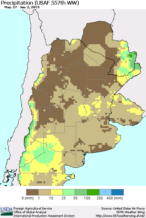 Southern South America Precipitation (USAF 557th WW) Thematic Map For 5/27/2019 - 6/2/2019