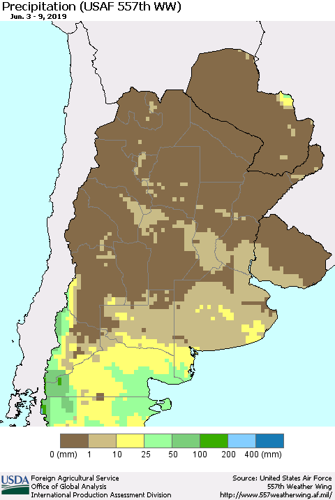 Southern South America Precipitation (USAF 557th WW) Thematic Map For 6/3/2019 - 6/9/2019