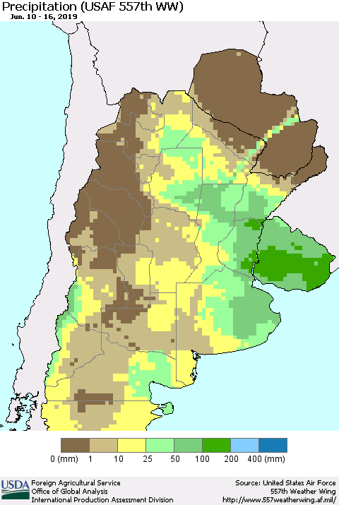 Southern South America Precipitation (USAF 557th WW) Thematic Map For 6/10/2019 - 6/16/2019