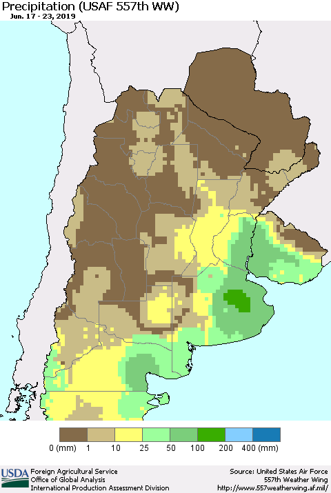 Southern South America Precipitation (USAF 557th WW) Thematic Map For 6/17/2019 - 6/23/2019