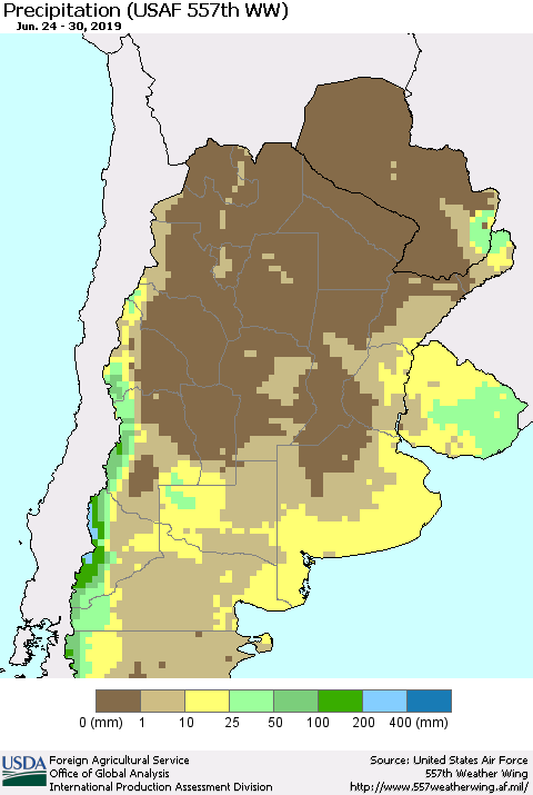 Southern South America Precipitation (USAF 557th WW) Thematic Map For 6/24/2019 - 6/30/2019