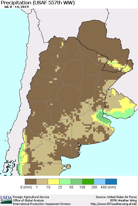Southern South America Precipitation (USAF 557th WW) Thematic Map For 7/8/2019 - 7/14/2019