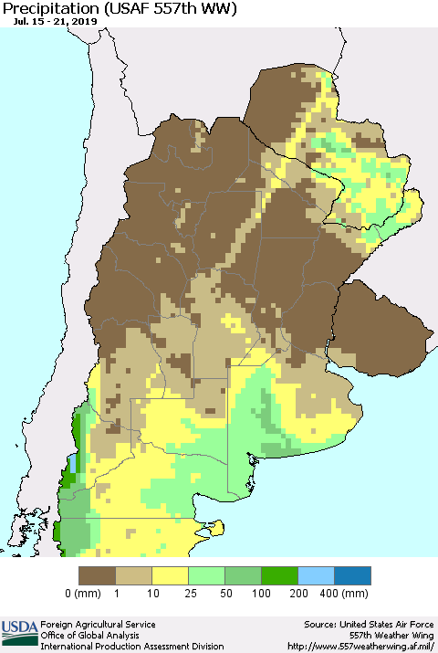Southern South America Precipitation (USAF 557th WW) Thematic Map For 7/15/2019 - 7/21/2019