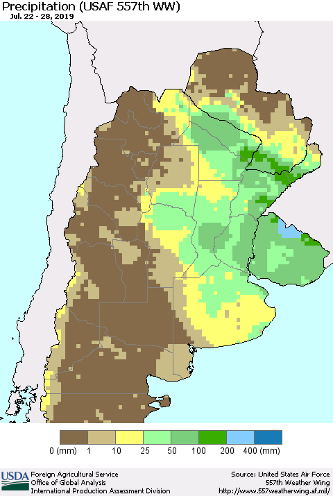 Southern South America Precipitation (USAF 557th WW) Thematic Map For 7/22/2019 - 7/28/2019