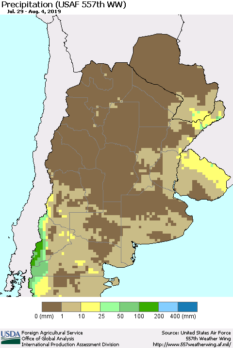 Southern South America Precipitation (USAF 557th WW) Thematic Map For 7/29/2019 - 8/4/2019