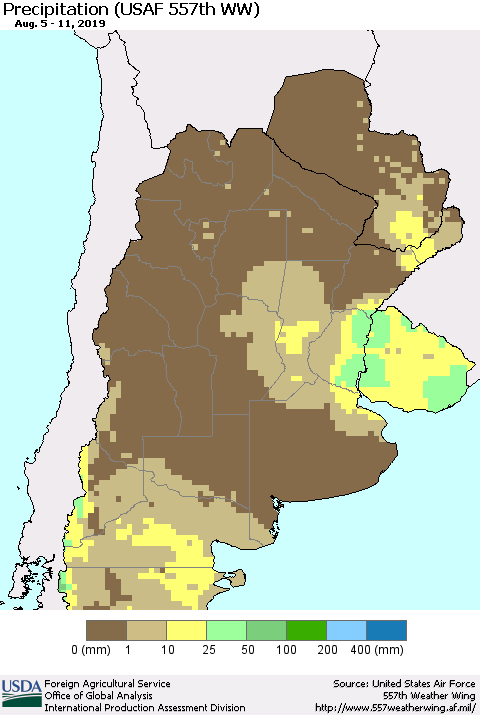 Southern South America Precipitation (USAF 557th WW) Thematic Map For 8/5/2019 - 8/11/2019