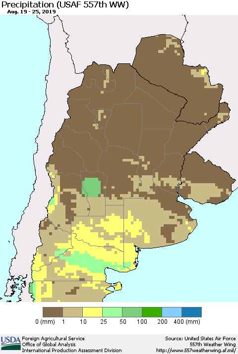 Southern South America Precipitation (USAF 557th WW) Thematic Map For 8/19/2019 - 8/25/2019