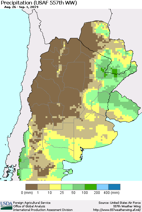 Southern South America Precipitation (USAF 557th WW) Thematic Map For 8/26/2019 - 9/1/2019