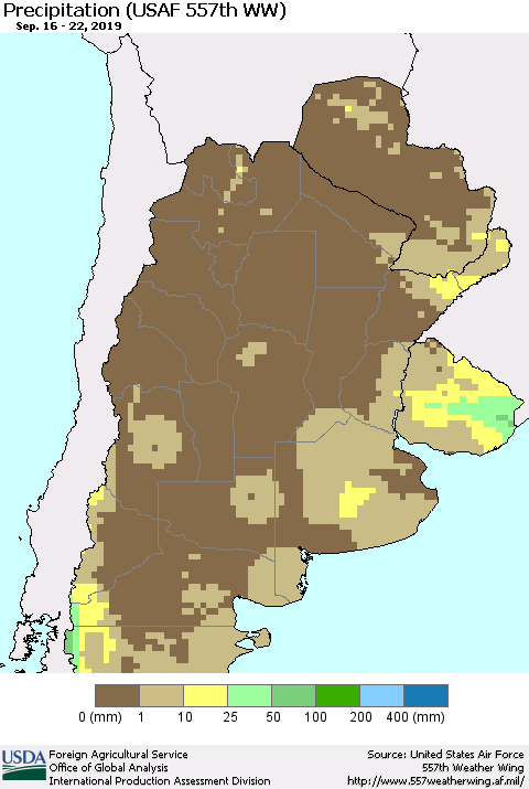 Southern South America Precipitation (USAF 557th WW) Thematic Map For 9/16/2019 - 9/22/2019