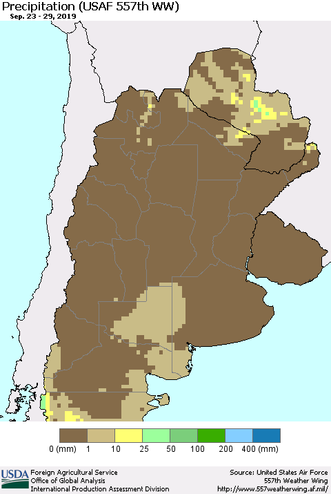 Southern South America Precipitation (USAF 557th WW) Thematic Map For 9/23/2019 - 9/29/2019