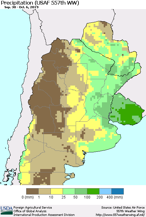 Southern South America Precipitation (USAF 557th WW) Thematic Map For 9/30/2019 - 10/6/2019