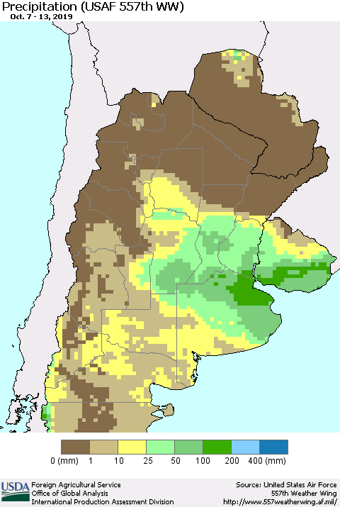 Southern South America Precipitation (USAF 557th WW) Thematic Map For 10/7/2019 - 10/13/2019