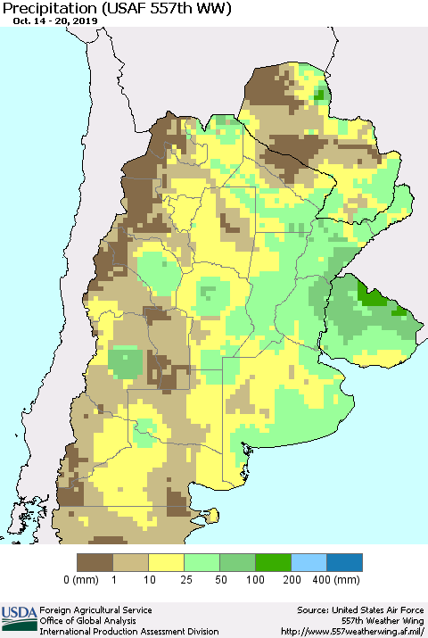 Southern South America Precipitation (USAF 557th WW) Thematic Map For 10/14/2019 - 10/20/2019