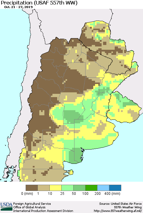 Southern South America Precipitation (USAF 557th WW) Thematic Map For 10/21/2019 - 10/27/2019