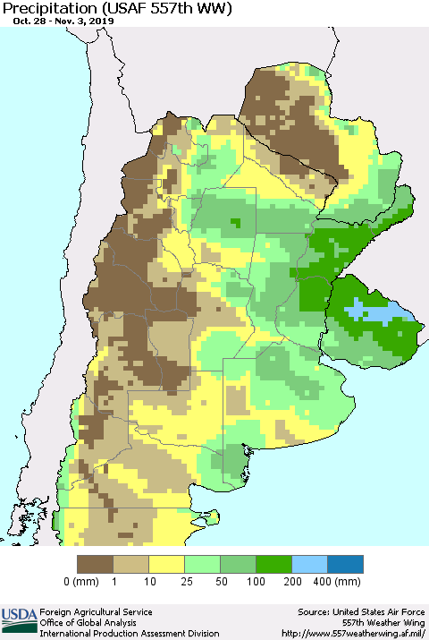 Southern South America Precipitation (USAF 557th WW) Thematic Map For 10/28/2019 - 11/3/2019
