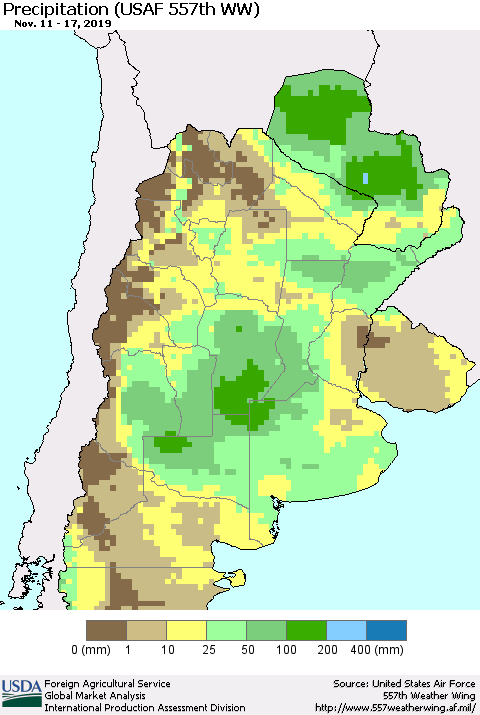 Southern South America Precipitation (USAF 557th WW) Thematic Map For 11/11/2019 - 11/17/2019