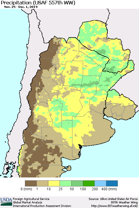 Southern South America Precipitation (USAF 557th WW) Thematic Map For 11/25/2019 - 12/1/2019