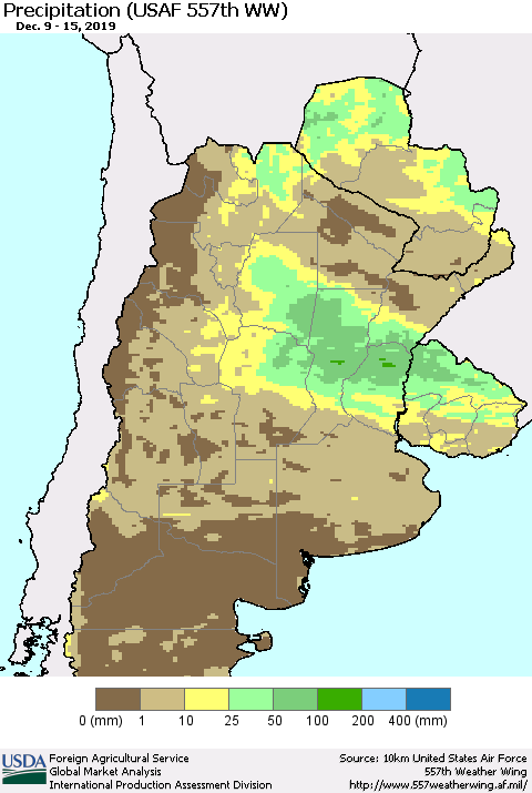 Southern South America Precipitation (USAF 557th WW) Thematic Map For 12/9/2019 - 12/15/2019