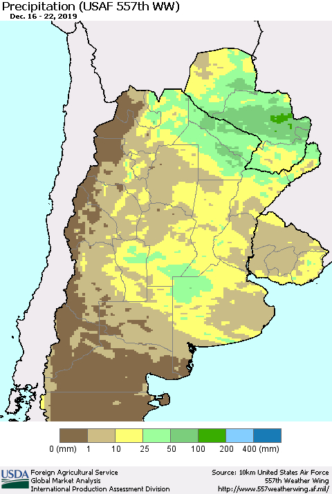Southern South America Precipitation (USAF 557th WW) Thematic Map For 12/16/2019 - 12/22/2019