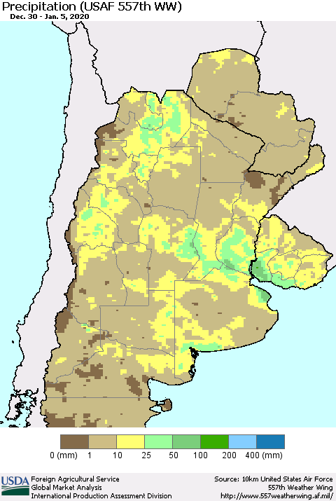 Southern South America Precipitation (USAF 557th WW) Thematic Map For 12/30/2019 - 1/5/2020