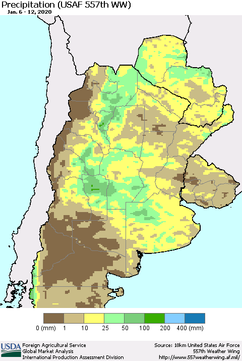 Southern South America Precipitation (USAF 557th WW) Thematic Map For 1/6/2020 - 1/12/2020