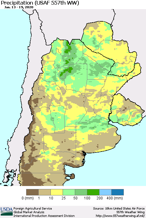 Southern South America Precipitation (USAF 557th WW) Thematic Map For 1/13/2020 - 1/19/2020