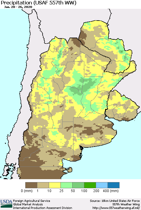 Southern South America Precipitation (USAF 557th WW) Thematic Map For 1/20/2020 - 1/26/2020