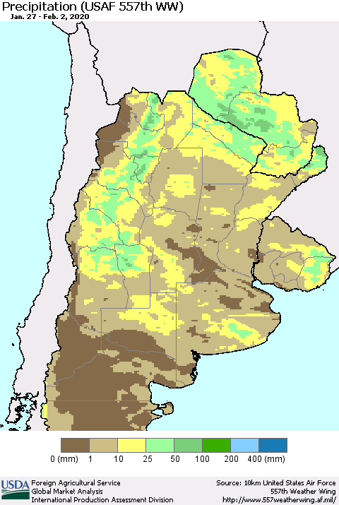 Southern South America Precipitation (USAF 557th WW) Thematic Map For 1/27/2020 - 2/2/2020