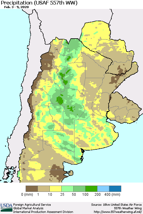 Southern South America Precipitation (USAF 557th WW) Thematic Map For 2/3/2020 - 2/9/2020
