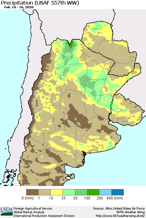 Southern South America Precipitation (USAF 557th WW) Thematic Map For 2/10/2020 - 2/16/2020