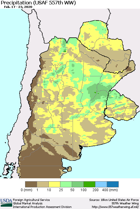 Southern South America Precipitation (USAF 557th WW) Thematic Map For 2/17/2020 - 2/23/2020