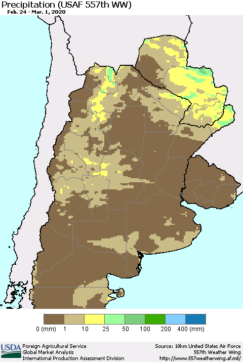 Southern South America Precipitation (USAF 557th WW) Thematic Map For 2/24/2020 - 3/1/2020