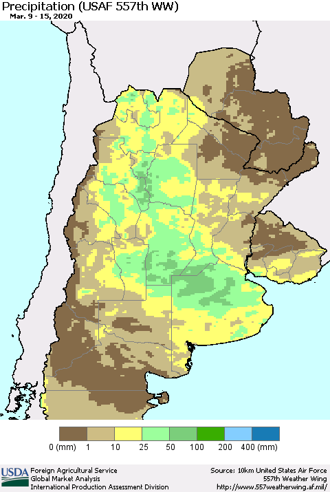 Southern South America Precipitation (USAF 557th WW) Thematic Map For 3/9/2020 - 3/15/2020