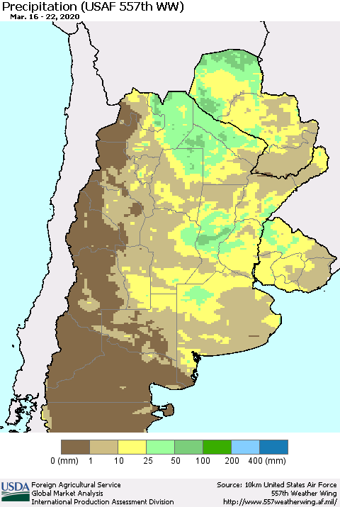 Southern South America Precipitation (USAF 557th WW) Thematic Map For 3/16/2020 - 3/22/2020