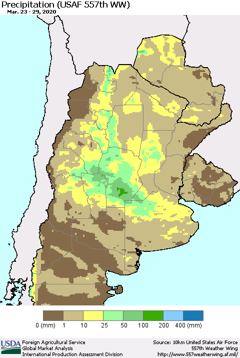 Southern South America Precipitation (USAF 557th WW) Thematic Map For 3/23/2020 - 3/29/2020