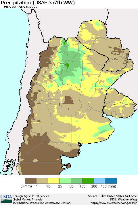 Southern South America Precipitation (USAF 557th WW) Thematic Map For 3/30/2020 - 4/5/2020