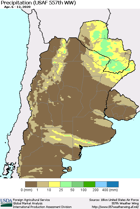 Southern South America Precipitation (USAF 557th WW) Thematic Map For 4/6/2020 - 4/12/2020