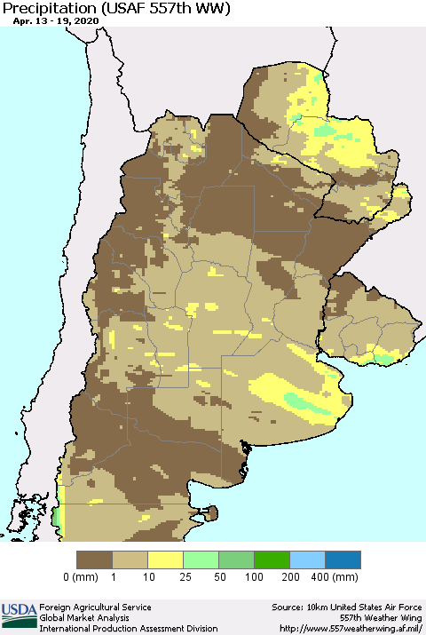 Southern South America Precipitation (USAF 557th WW) Thematic Map For 4/13/2020 - 4/19/2020