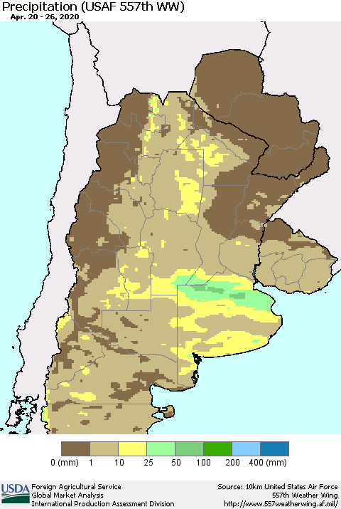 Southern South America Precipitation (USAF 557th WW) Thematic Map For 4/20/2020 - 4/26/2020