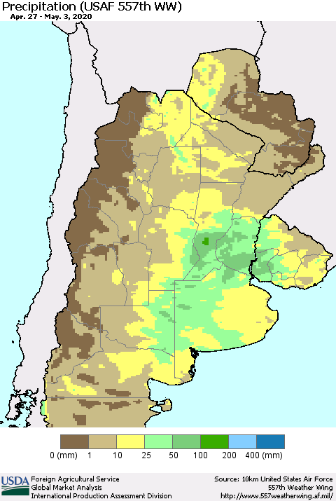 Southern South America Precipitation (USAF 557th WW) Thematic Map For 4/27/2020 - 5/3/2020